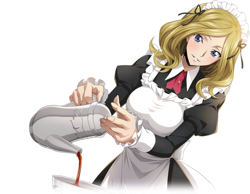 1girl apron artist_request black_dress blonde_hair blue_eyes blush breasts code_geass code_geass:_lost_stories collared_dress cup dress dutch_angle frilled_apron frills game_cg hands_up happy holding holding_teapot juliet_sleeves long_sleeves looking_at_viewer maid maid_apron maid_headdress medium_breasts medium_hair milly_ashford neck_ribbon non-web_source official_art parted_bangs parted_lips pouring puffy_sleeves red_ribbon ribbon sidelocks simple_background smile solo standing tea teacup teapot teeth transparent_background upper_body white_apron