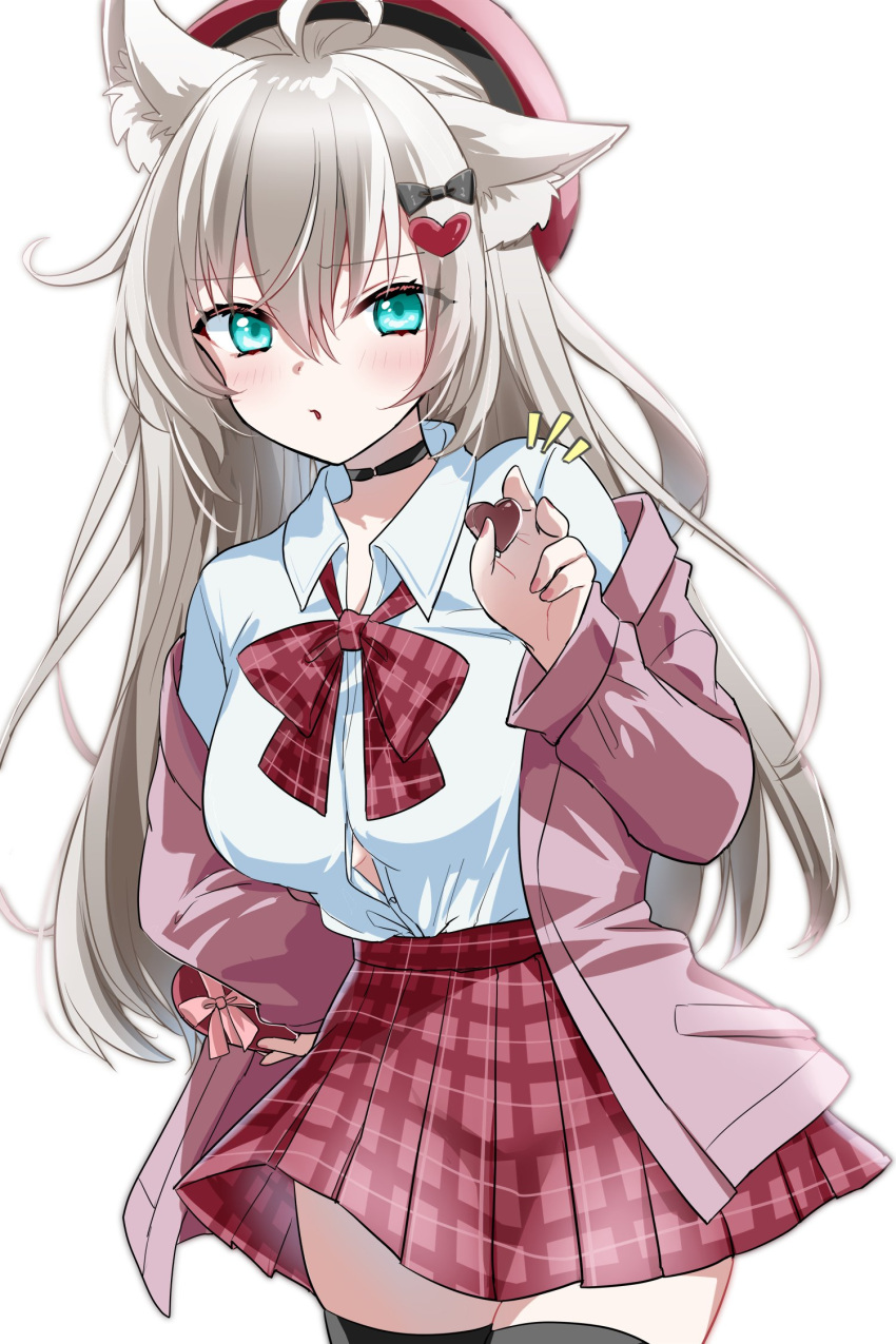 1girl :o ahoge animal_ear_fluff animal_ears beret black_thighhighs blue_eyes blush bow bowtie breasts candy cardigan cat_ears cat_girl chocolate collared_shirt cowboy_shot emphasis_lines food grey_hair hair_between_eyes hand_up hat heart heart-shaped_chocolate high-waist_skirt highres holding holding_chocolate holding_food large_breasts legs_together long_hair miniskirt motohara_moka off_shoulder open_cardigan open_clothes open_mouth original partially_unbuttoned pink_cardigan plaid plaid_bow plaid_bowtie plaid_skirt pleated_skirt red_bow red_bowtie red_headwear red_skirt shirt shirt_tucked_in sidelocks simple_background skirt solo thigh-highs thighs white_background white_shirt wing_collar zettai_ryouiki