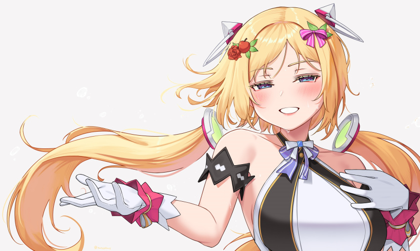 1girl aki_rosenthal blonde_hair blush detached_hair fruit_hair_ornament gloves hand_on_own_chest harry_(dudwofla) highres hololive hololive_idol_uniform looking_at_viewer official_alternate_costume shirt sleeveless sleeveless_shirt smile solo twintails violet_eyes virtual_youtuber white_background white_gloves white_shirt