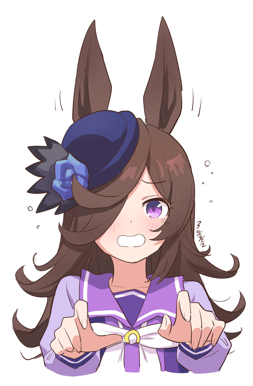 1girl absurdres animal_ears artist_name blush bow brown_hair commentary_request grey_background hair_over_one_eye highres horse_ears horse_girl long_hair long_sleeves looking_at_viewer mukakin open_mouth purple_headwear purple_shirt rice_shower_(umamusume) sailor_collar school_uniform shirt simple_background solo tilted_headwear tracen_school_uniform umamusume upper_body very_long_hair violet_eyes white_bow winter_uniform