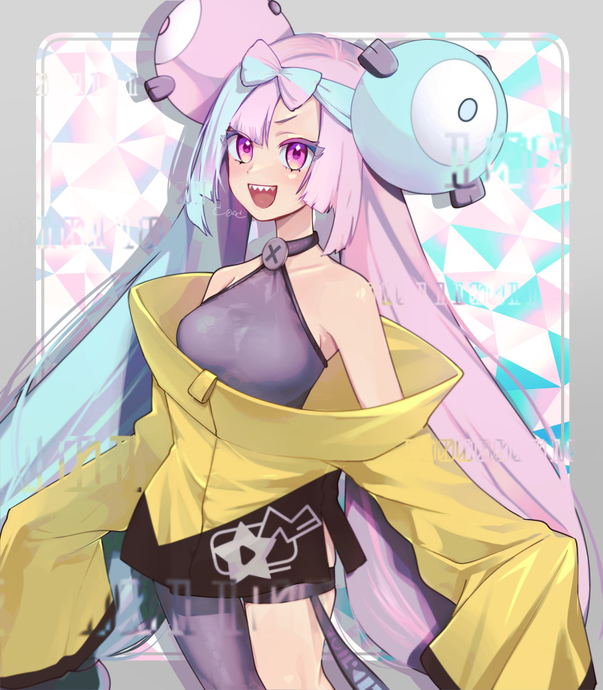 1girl absurdres blue_eyes blurry bow-shaped_hair breasts character_hair_ornament depth_of_field hair_ornament hand_up highres iono_(pokemon) jacket long_hair looking_at_viewer low-tied_long_hair magnemite multicolored_hair open_mouth oversized_clothes pokemon pokemon_sv sharp_teeth single_leg_pantyhose sleeves_past_fingers sleeves_past_wrists smile split-color_hair teeth twintails two-tone_hair very_long_sleeves yamada_momoyama yellow_jacket