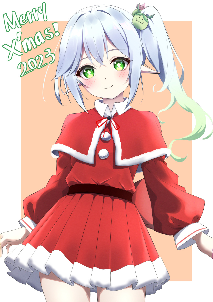 1girl 2023 belt blush capelet christmas collared_dress dress flower-shaped_pupils fur-trimmed_capelet fur-trimmed_dress fur_trim genshin_impact green_eyes green_hair hair_ornament highres long_hair long_sleeves looking_at_viewer merry_christmas mikqze multicolored_hair nahida_(genshin_impact) pleated_dress pointy_ears pom_pom_(clothes) side_ponytail smile solo symbol-shaped_pupils white_hair