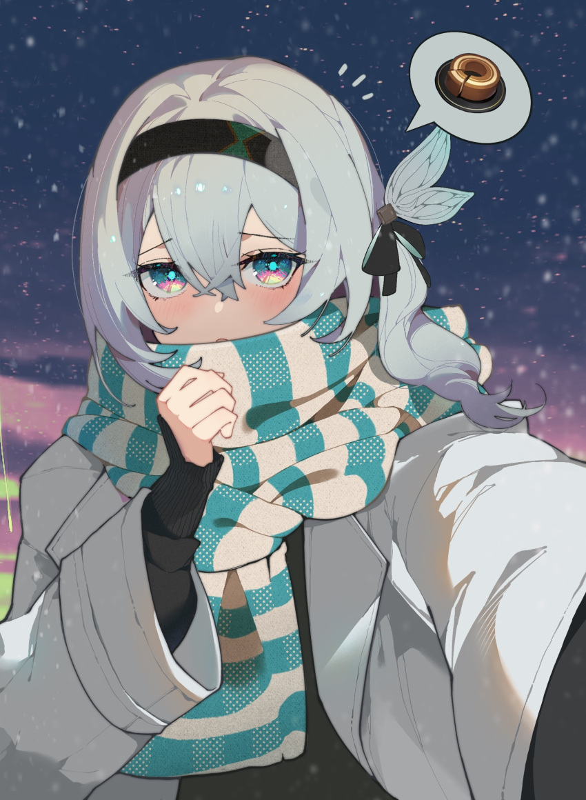 1girl black_hairband black_ribbon black_sweater blue_bow blue_eyes blue_pupils blue_scarf blush bow covered_mouth crossed_bangs evening firefly_(honkai:_star_rail) gaoya_pi_qiang_tu_tu grey_hair hair_between_eyes hair_bow hair_intakes hair_ribbon hairband highres honkai:_star_rail honkai_(series) jacket long_hair long_sleeves looking_at_viewer night night_sky notice_lines one_side_up open_clothes open_jacket outdoors pink_eyes ribbon scarf sidelocks sky sleeve_cuffs snowing solo spoken_food striped_clothes striped_scarf sweater two-tone_eyes upper_body white_jacket white_scarf