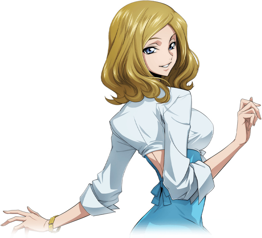 1girl artist_request back backless_dress backless_outfit blonde_hair blue_dress blue_eyes blue_shirt bracelet breasts code_geass code_geass:_lost_stories crop_top dress from_behind game_cg hand_up happy jewelry long_sleeves looking_at_viewer looking_back medium_breasts medium_hair milly_ashford non-web_source official_art parted_bangs parted_lips shirt sidelocks simple_background smile solo standing teeth transparent_background upper_body