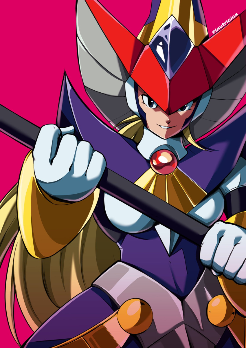 1girl berkana_(mega_man) black_eyes blonde_hair hat highres holding holding_staff lautricius long_hair mega_man_(series) mega_man_x_(series) mega_man_xtreme_2 pink_background robot_girl simple_background solo staff twitter_username witch witch_hat