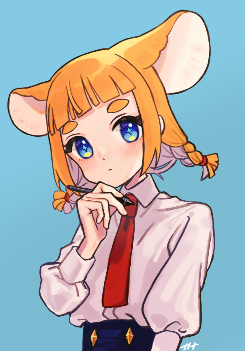 +_+ 1girl :&lt; animal_ears blue_background blue_eyes blunt_bangs blush braid collared_shirt hand_on_own_chin highres holding holding_stylus indie_virtual_youtuber long_hair long_sleeves looking_at_viewer mouse_ears mouse_girl naname_(7name) necktie orange_hair original shirt shirt_tucked_in solo stylus thick_eyebrows twin_braids twintails virtual_youtuber