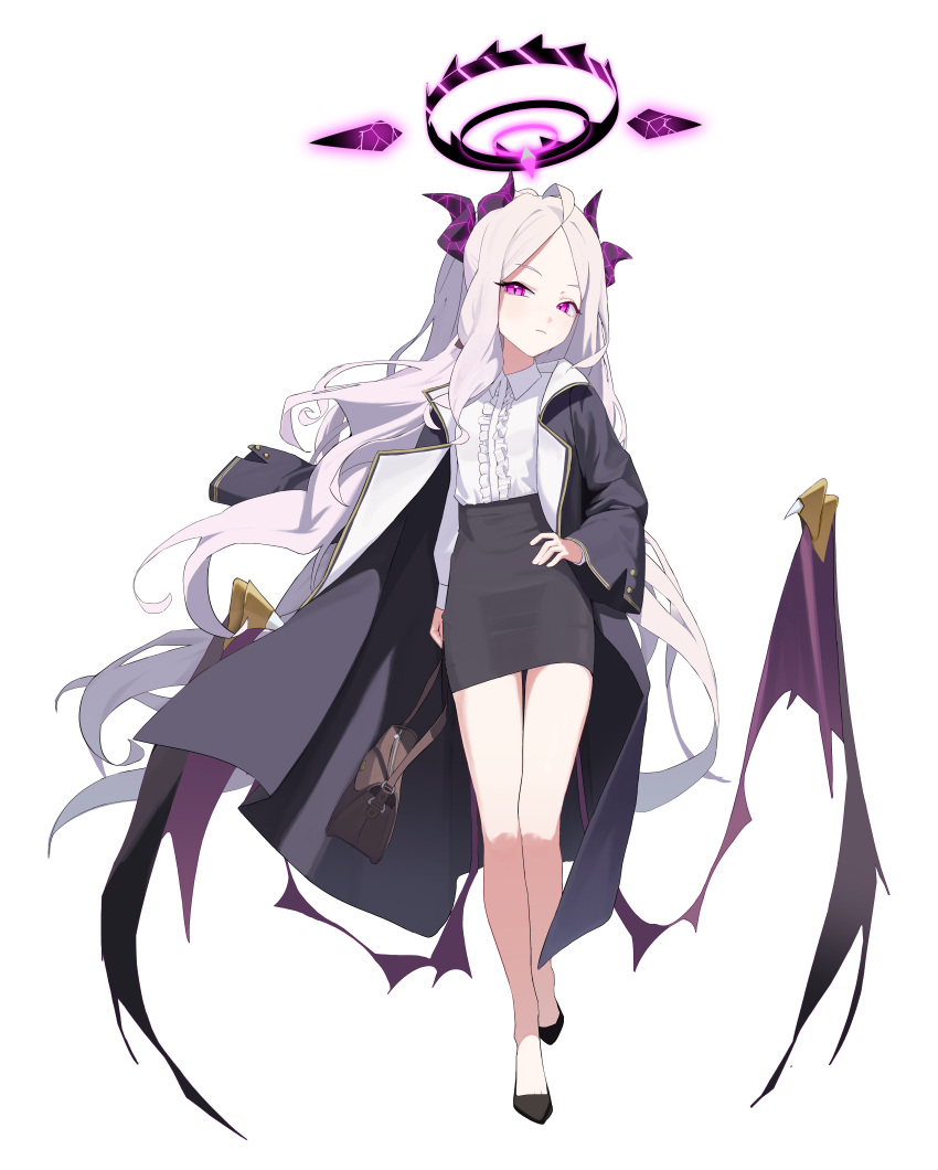 1girl absurdres black_coat black_footwear black_horns black_skirt blue_archive center_frills closed_mouth coat collared_shirt demon_horns demon_wings frills full_body halo highres hina_(blue_archive) horns long_hair long_sleeves looking_at_viewer multiple_horns my0li open_clothes open_coat pencil_skirt purple_wings shirt skirt solo transparent_background violet_eyes white_hair white_shirt wings