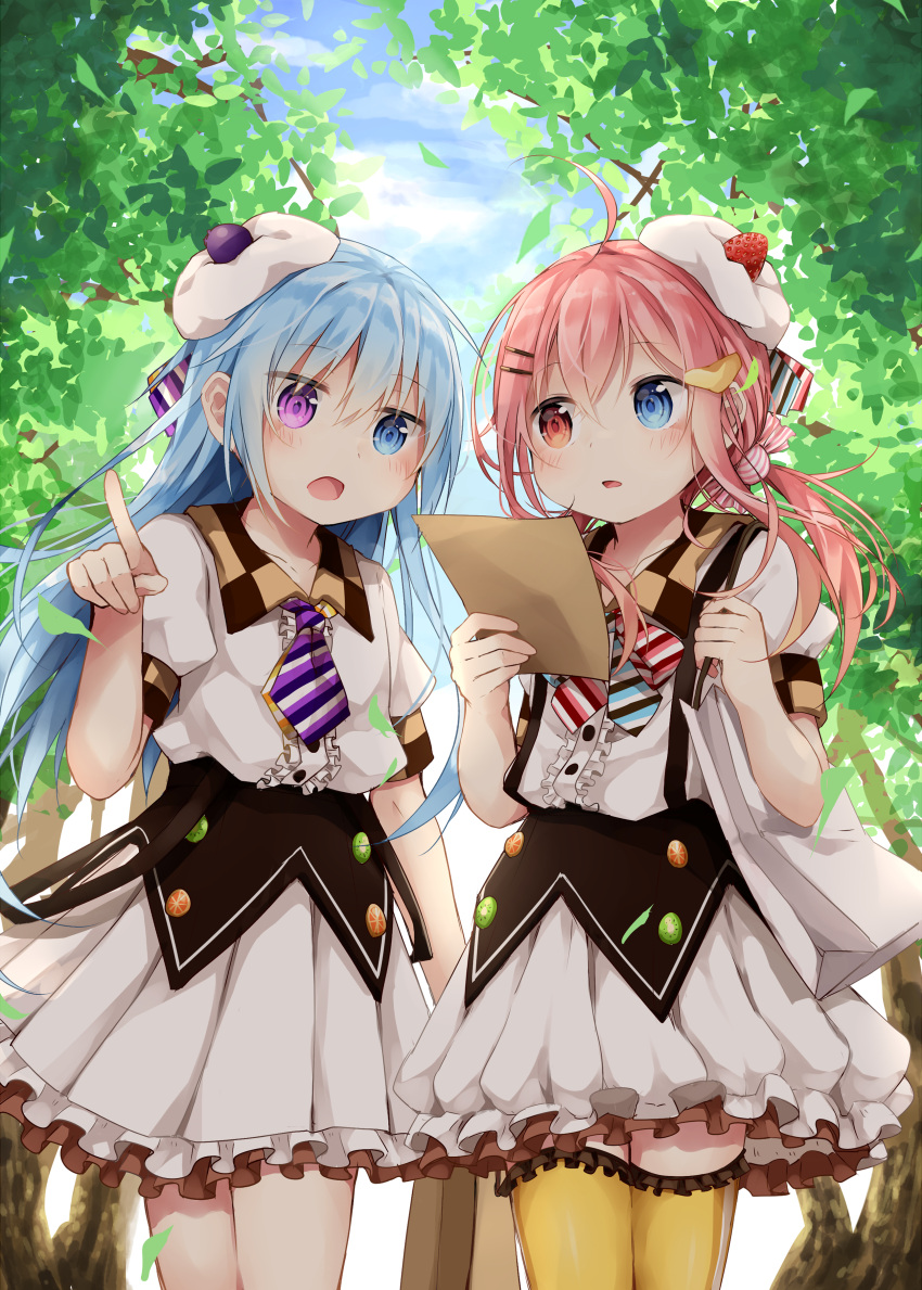 2girls absurdres bag blue_eyes blue_hair blue_sky blush center_frills clouds cloudy_sky collared_shirt day dress_shirt frilled_skirt frilled_thighhighs frills heterochromia highres holding_strap long_hair low_twintails multiple_girls open_mouth original outdoors paper_bag pink_hair pleated_skirt pointing satou_saya shirt skirt sky thigh-highs tree twintails very_long_hair violet_eyes white_shirt white_skirt yellow_thighhighs