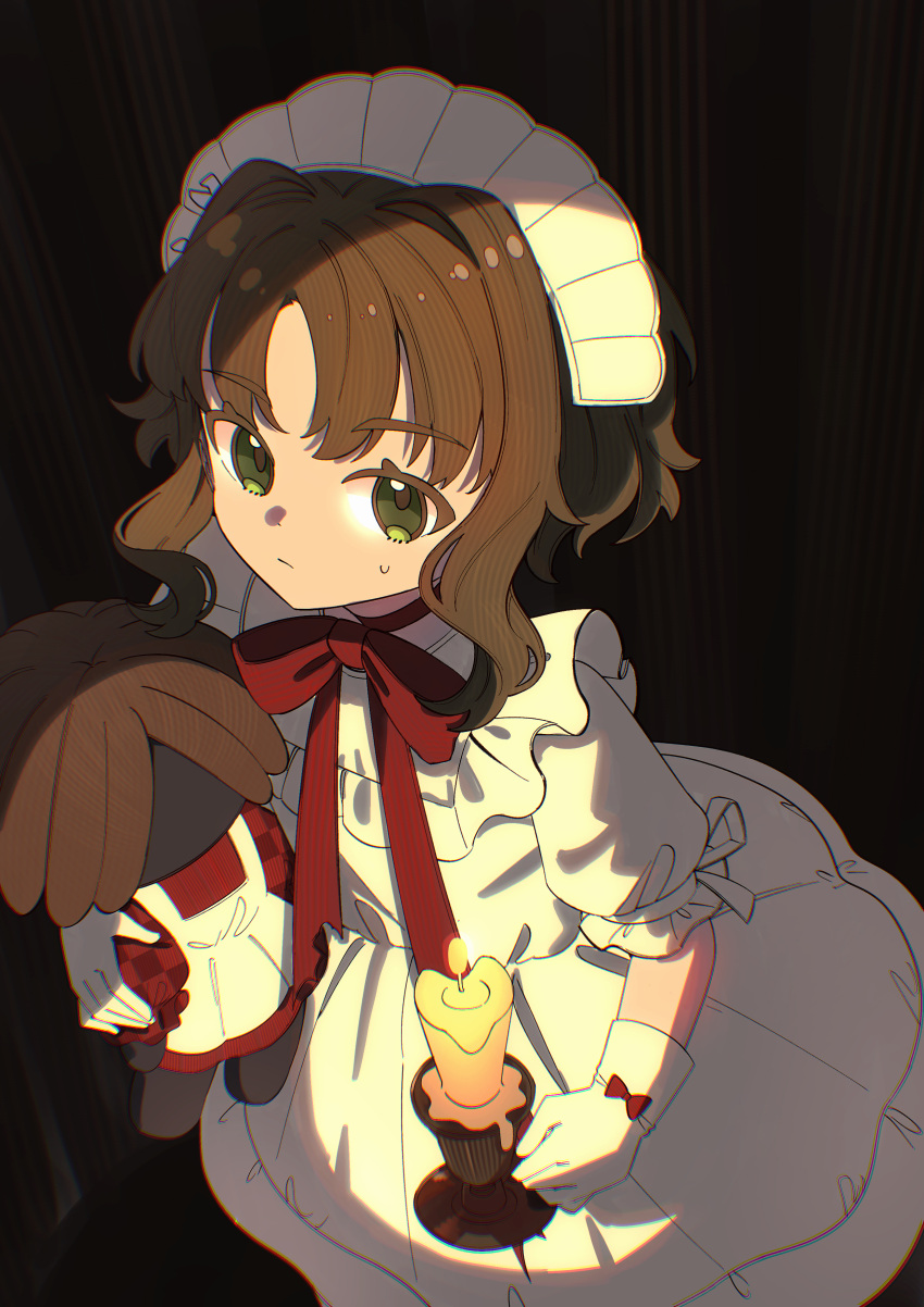 1girl absurdres bow bow_choker brown_hair candle doll dress eagle_(reverse:1999) gloves green_eyes highres holding holding_candle holding_doll maid_headdress medium_hair official_alternate_costume red_bow reverse:1999 sanjuqing'an solo sweatdrop white_dress white_gloves