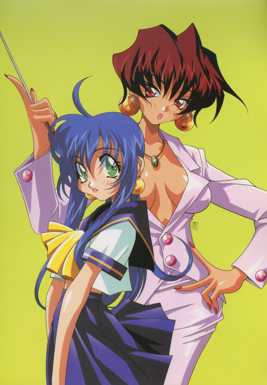 1990s_(style) 2girls absurdres ahoge blue_hair blue_skirt center_opening green_background green_eyes hand_on_own_hip highres holding holding_pointer index_finger_raised kotobuki_tsukasa lime_(saber_j) long_hair long_sleeves multiple_girls nail_polish necktie non-web_source official_art parted_lips pencil_skirt pink_lips pleated_skirt pointer red_eyes red_nails redhead retro_artstyle saber_marionette_j scan school_uniform short_hair short_sleeves simple_background skirt tiger_(saber_j)