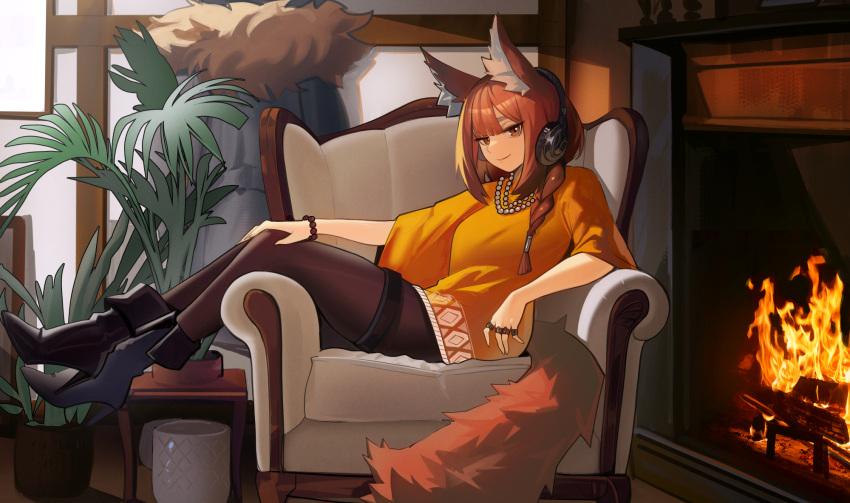 1girl animal_ears arknights armchair black_footwear black_headphones boots bracelet brown_eyes brown_hair brown_pantyhose chair closed_mouth commission distr english_commentary fire fireplace full_body fur-trimmed_jacket fur_trim hand_on_own_knee headphones high_heel_boots high_heels highres implied_extra_ears indoors jacket jewelry long_hair looking_at_viewer necklace orange_shirt pantyhose pearl_necklace plant potted_plant ratatos_browntail_(arknights) shirt sitting smile solo squirrel_ears squirrel_girl squirrel_tail tail unworn_jacket
