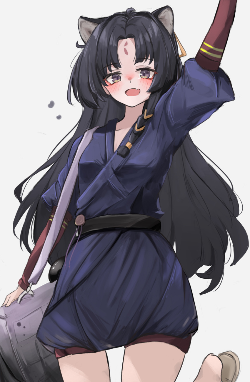1girl :d animal_ears arknights arm_up bag bare_legs black_hair blue_eyes blue_kimono blush breasts carrying_bag facial_mark forehead_mark highres japanese_clothes kari90909 kimono long_hair looking_at_viewer saga_(arknights) sandals shoulder_bag slit_pupils small_breasts smile solo standing standing_on_one_leg very_long_hair violet_eyes waving_arm