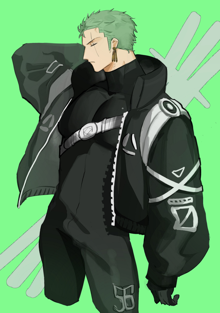 1boy arm_at_side arm_behind_head black_bodysuit black_gloves black_jacket bodysuit closed_eyes closed_mouth cropped_legs earrings gloves green_background green_hair highres jacket jewelry long_sleeves male_focus one_piece pectorals roronoa_zoro scar scar_across_eye short_hair tokoni_fusu toned toned_male