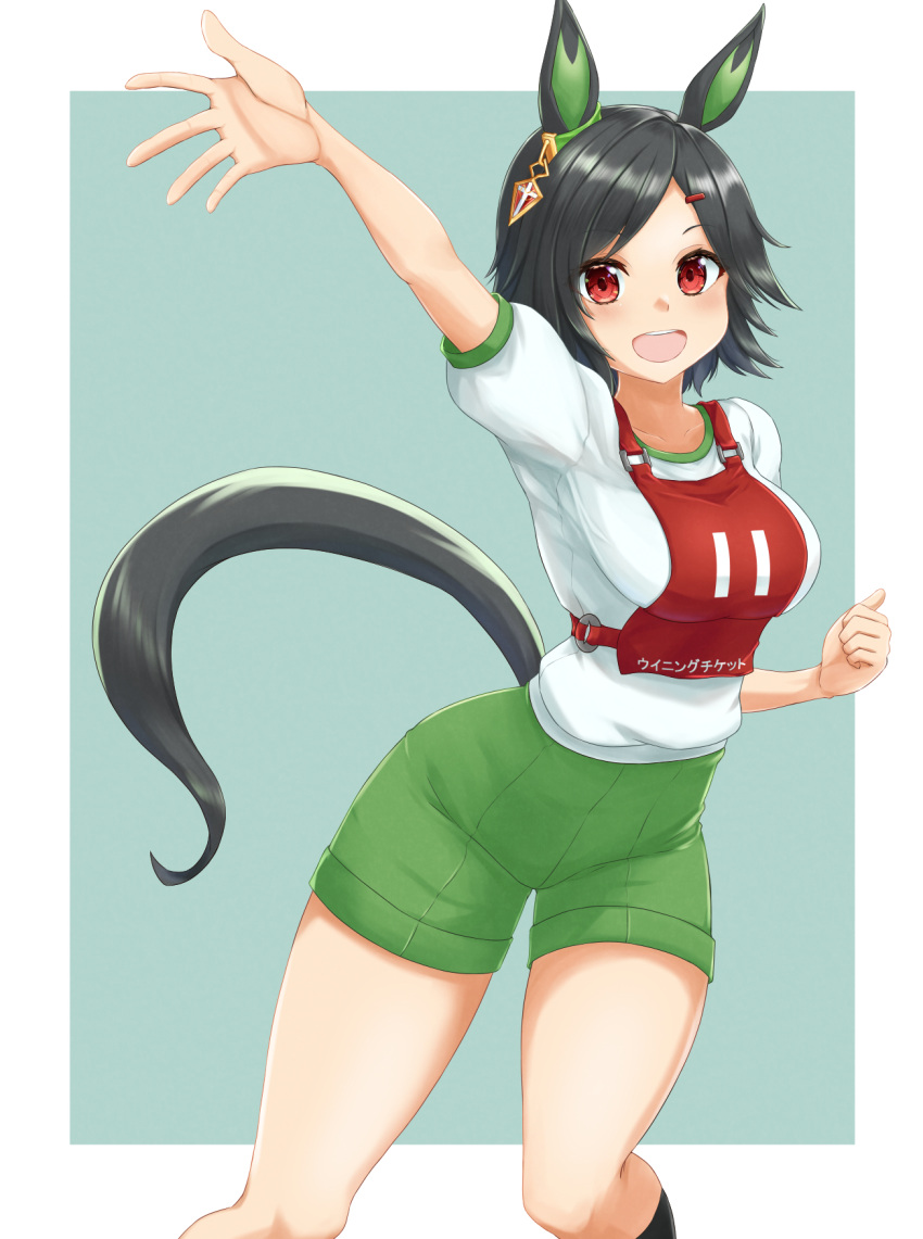 1girl animal_ears arm_up black_hair black_socks character_name clenched_hand commentary ear_ornament green_background green_shorts gym_shirt gym_shorts gym_uniform hair_ornament hairclip highres horse_ears horse_girl kemuri_(etep3372) kneehighs looking_at_viewer open_mouth race_bib red_eyes shirt short_hair short_sleeves shorts smile socks solo standing t-shirt translated umamusume white_shirt winning_ticket_(umamusume)
