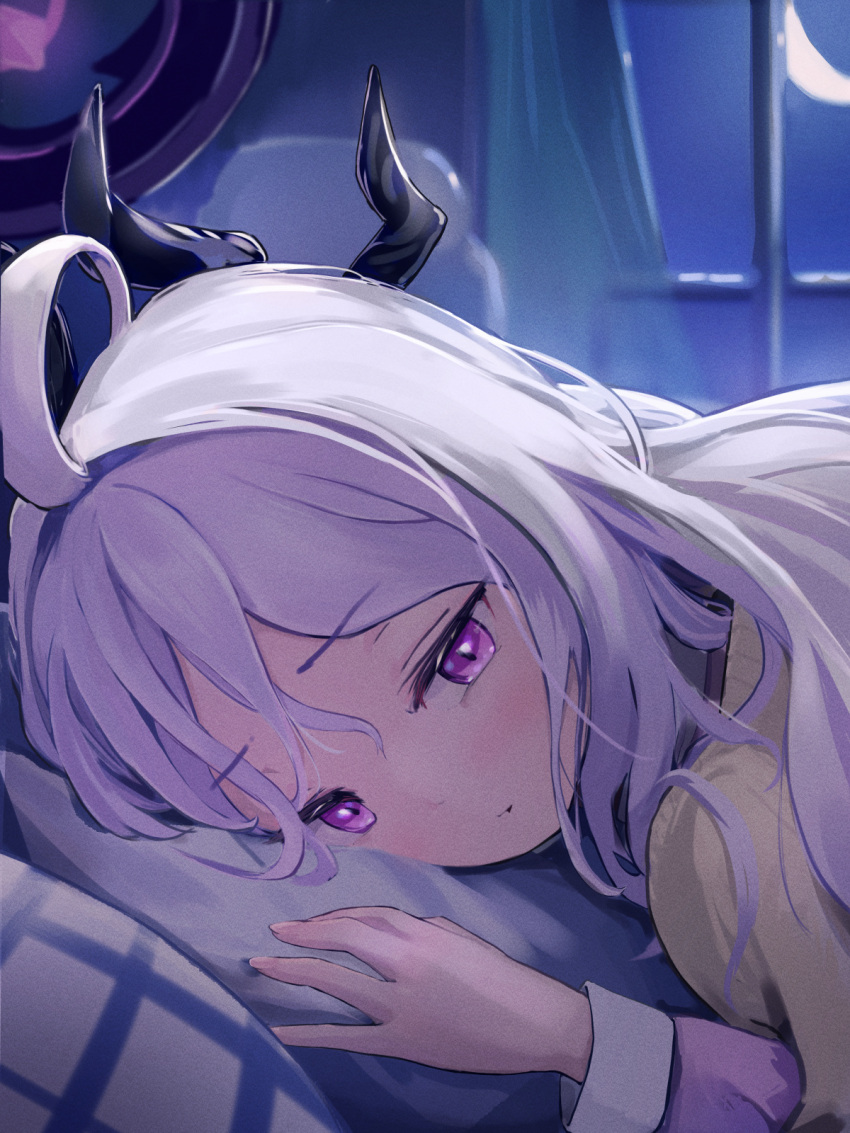 1girl ahoge black_horns blue_archive closed_mouth crescent_moon demon_horns grey_hair halo highres hina_(blue_archive) hina_(pajamas)_(blue_archive) horns indoors long_hair long_sleeves moon multiple_horns pajamas pillow pink_pajamas ryh4 solo violet_eyes window