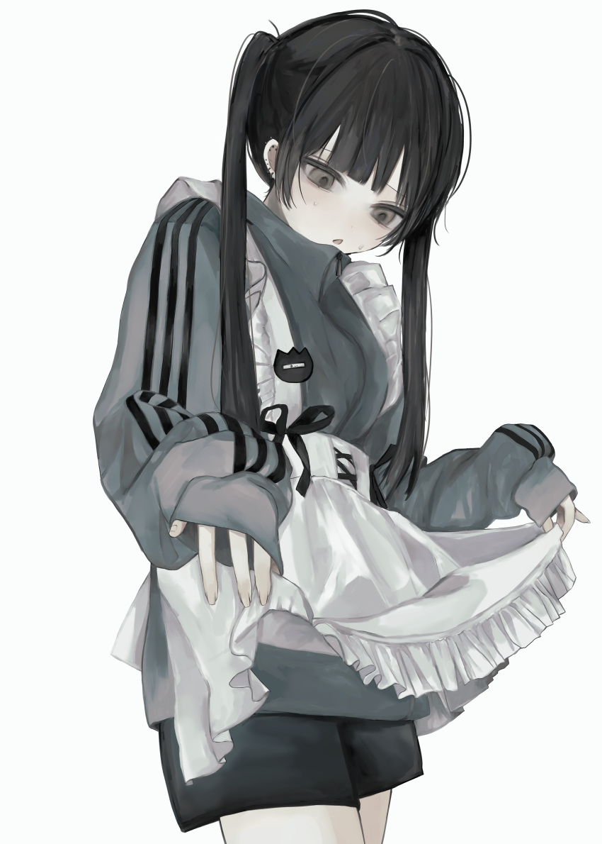 1girl absurdres apron apron_lift black_hair black_shorts blue_jacket blunt_bangs clothes_lift collared_jacket dot_nose ear_piercing earrings empty_eyes fingernails frilled_apron frills from_side grey_eyes hair_over_shoulder hands_up highres holding jacket jersey_maid jewelry kanau_(u_u_zzx) long_hair long_sleeves looking_down loose_hair_strand maid maid_apron medium_bangs nervous_sweating open_mouth original piercing puffy_long_sleeves puffy_sleeves shorts sidelocks simple_background solo standing stud_earrings sweat sweatdrop track_jacket track_suit twintails unconventional_maid white_background