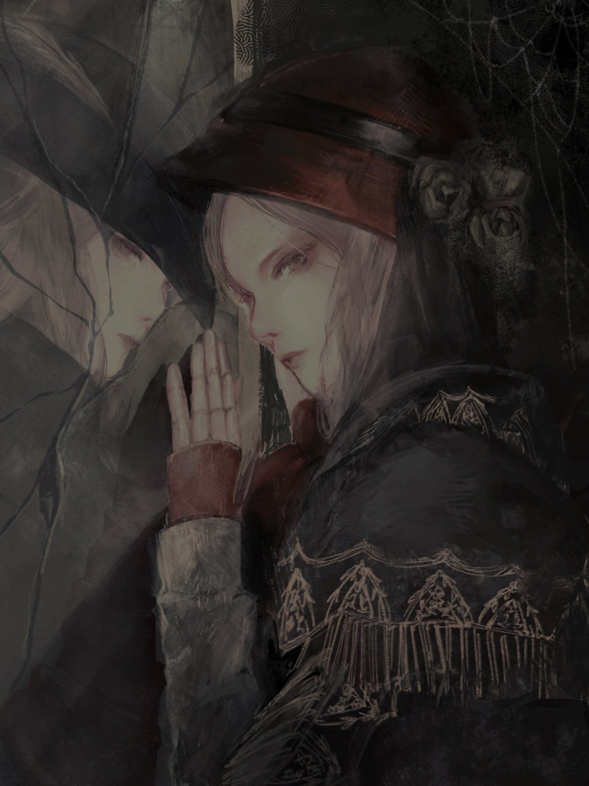2girls bloodborne bonnet brown_cloak cloak doll_joints flower hat highres joints lady_maria_of_the_astral_clocktower long_hair looking_at_viewer multiple_girls pale_skin peso_(honopesopeso) plain_doll reflection solo tricorne white_hair