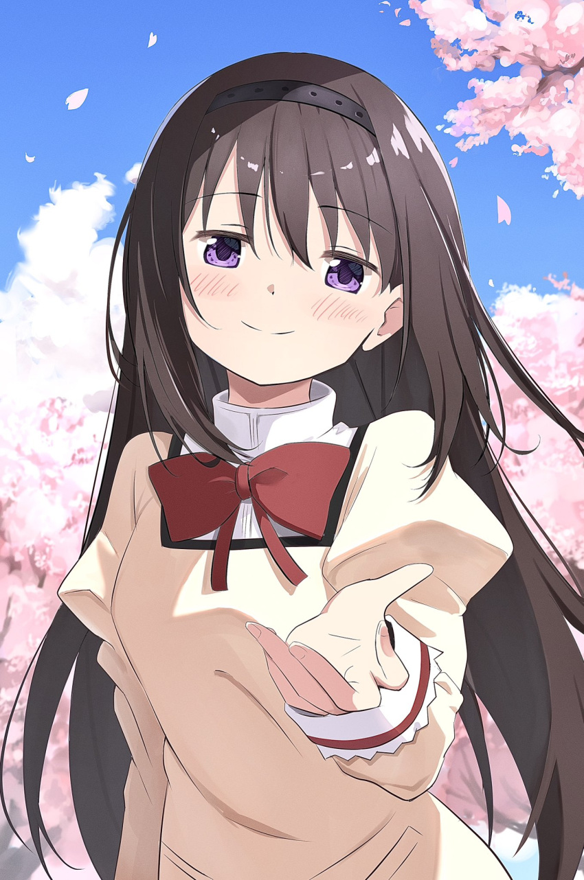1girl akemi_homura black_hair black_hairband blue_sky blush bow bowtie cherry_blossoms clouds cloudy_sky collared_shirt commentary_request commission hairband highres juliet_sleeves long_hair long_sleeves looking_at_viewer mahou_shoujo_madoka_magica mahou_shoujo_madoka_magica_(anime) mitakihara_school_uniform nagare_(flow) outstretched_hand puffy_sleeves red_bow red_bowtie school_uniform shirt skeb_commission sky smile solo sweater tree violet_eyes white_shirt yellow_sweater
