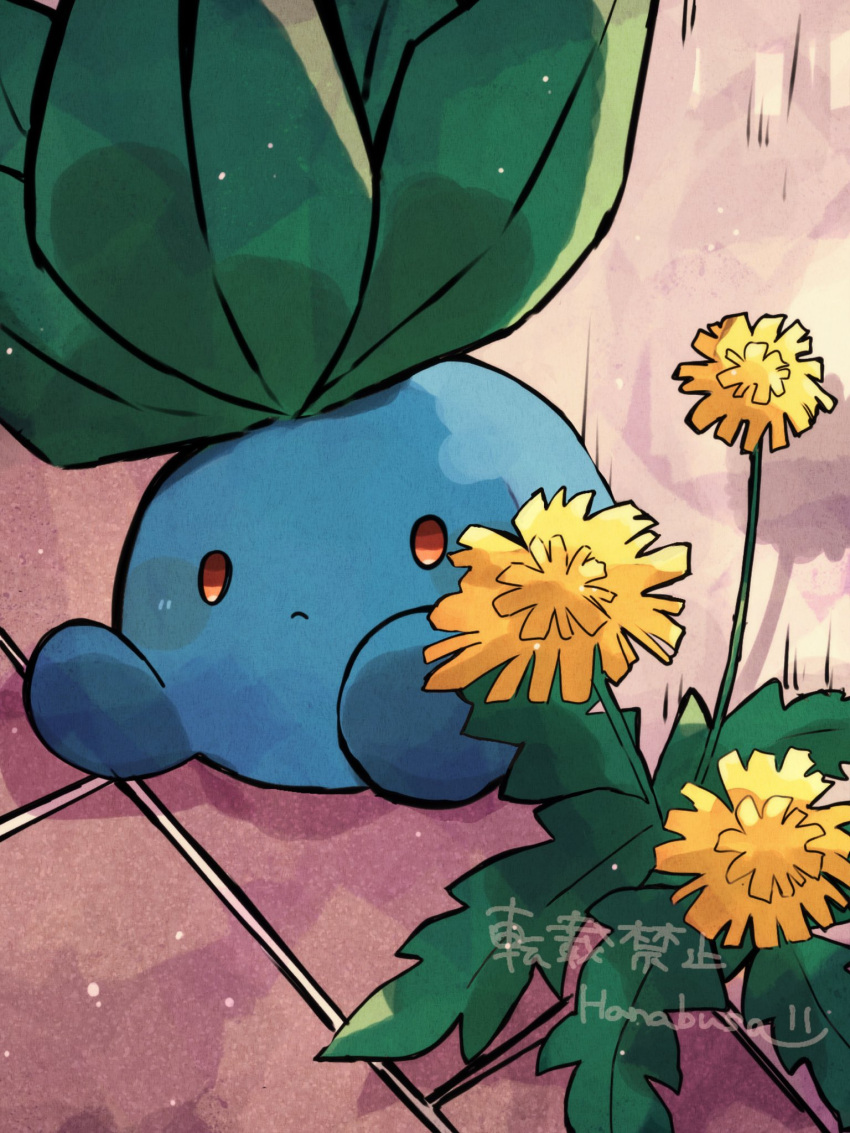 artist_name blue_skin closed_mouth colored_skin commentary_request flower frown hanabusaoekaki highres leaf no_humans oddish plant pokemon pokemon_(creature) red_eyes yellow_flower