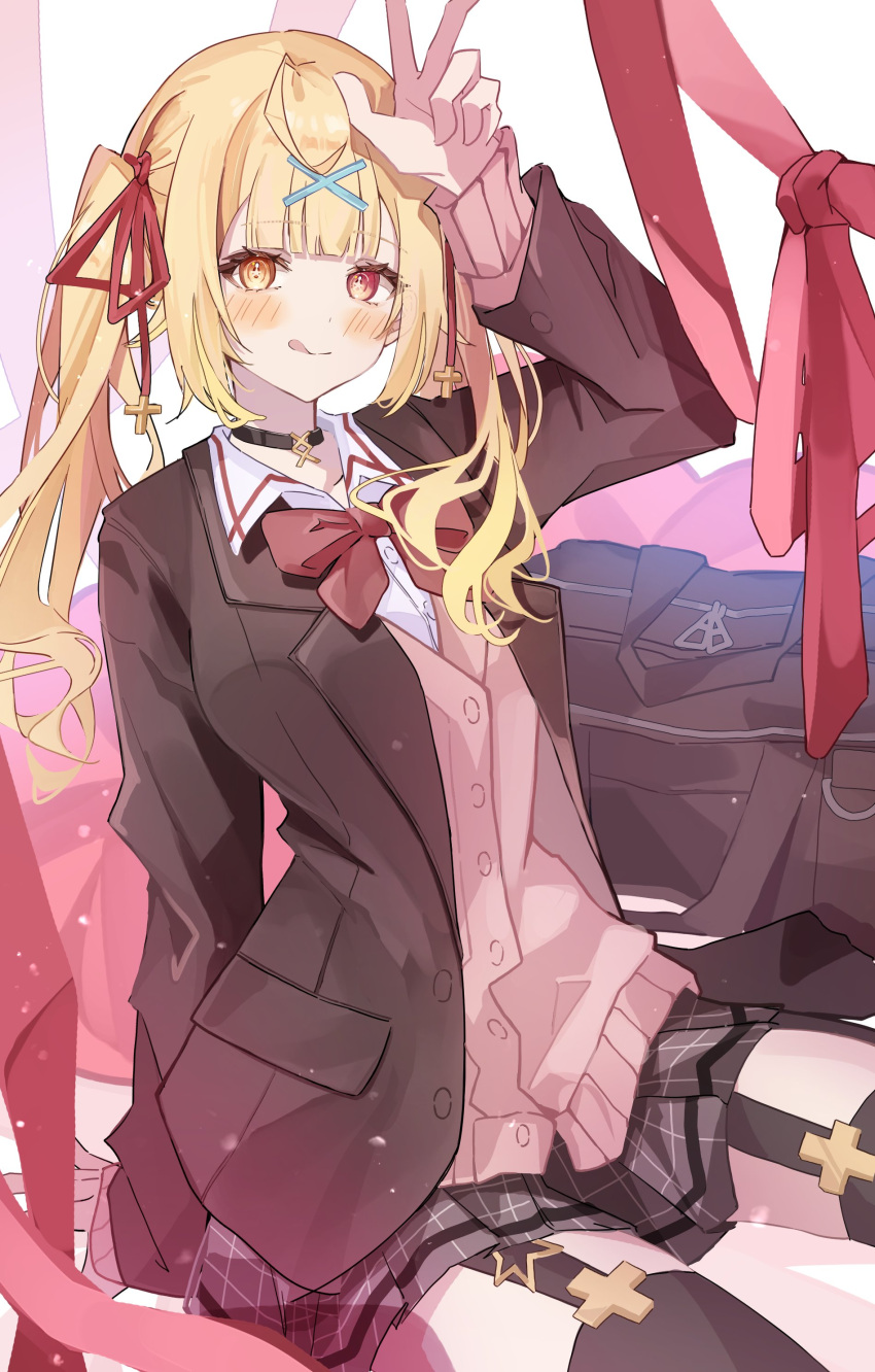 1girl :q absurdres arm_behind_back bag black_jacket black_skirt black_thighhighs blonde_hair blush bow bowtie cardigan closed_mouth collared_shirt cowboy_shot garter_straps hair_ornament hair_ribbon hand_on_own_head hand_up highres hoshikawa_sara hoshikawa_sara_(4th_costume) jacket long_bangs looking_at_viewer nijisanji official_alternate_costume open_clothes open_jacket orange_eyes pink_cardigan plaid plaid_skirt pleated_skirt red_bow red_bowtie red_ribbon renju_(qxrnj358) ribbon school_bag school_uniform shirt sidelocks sitting skirt smile solo thigh-highs tongue tongue_out twintails w white_shirt x_hair_ornament