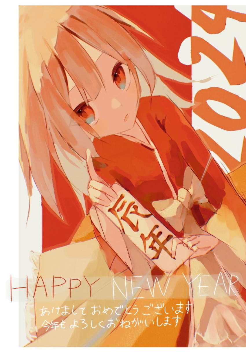 1girl 2024 :o blue_eyes border bow brown_hair card chihono_0 cowboy_shot dutch_angle happy_new_year highres holding holding_card index_finger_raised japanese_clothes kimono looking_at_viewer open_mouth orange_eyes original pleated_skirt red_kimono short_hair sidelocks skirt solo translation_request two-tone_eyes white_border white_bow white_skirt yukata