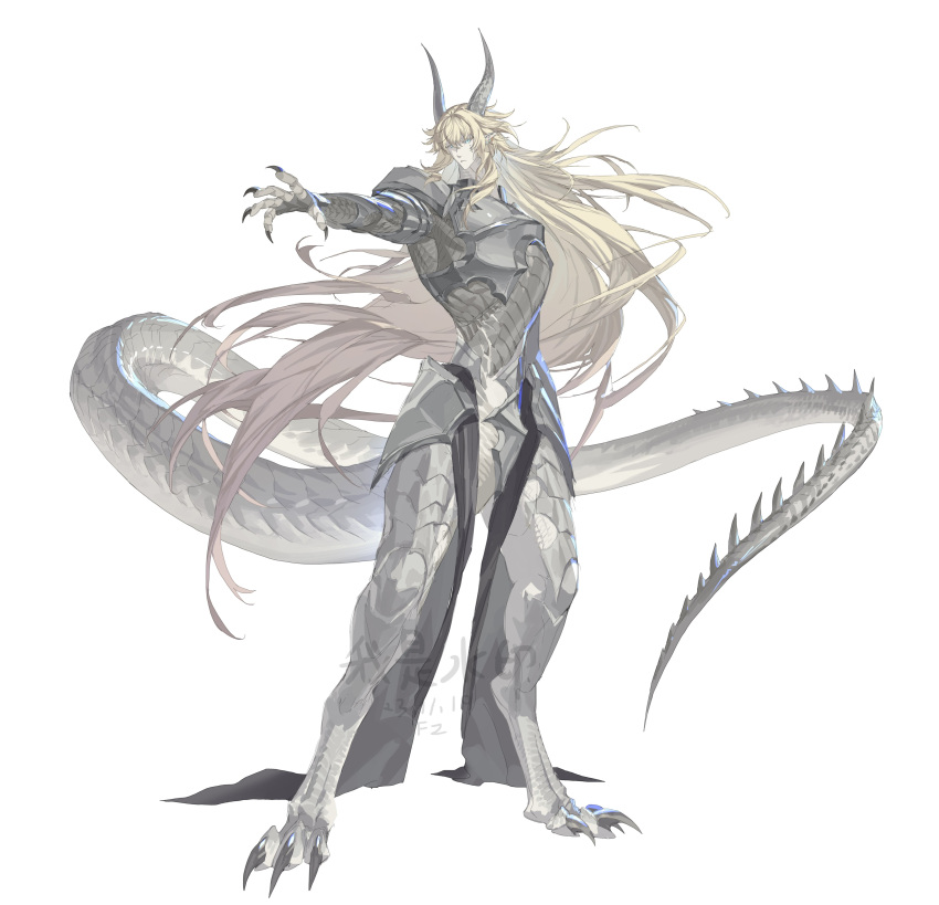 1boy absurdres animal_feet animal_hands armor blonde_hair blue_eyes breastplate brown_hair claws closed_mouth colored_skin digitigrade dragon_boy dragon_horns dragon_tail ear_piercing floating_hair full_body gradient_hair grey_horns grey_scales grey_skin highres horns leviair long_hair long_tail looking_at_viewer male_focus monster_boy multicolored_hair original outstretched_arm pauldrons piercing ponytail scales shoulder_armor sidelocks simple_background solo spread_fingers standing tail very_long_hair watermark white_background