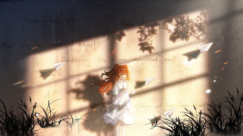 1girl against_wall aged_down arms_behind_back black_bow black_bowtie bow bowtie dress english_text feet_out_of_frame floating_hair grass green_eyes hairband highres layered_sleeves long_hair long_sleeves looking_to_the_side medium_dress orange_hair paper_airplane reverse:1999 shadow short_over_long_sleeves short_sleeves solo sonetto_(reverse:1999) standing two_side_up weimu_vmovie white_dress white_hairband wide_shot window_shade