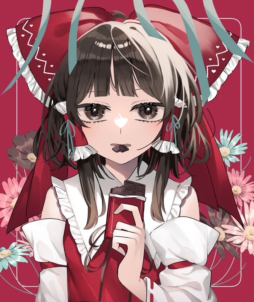 1girl absurdres arm_at_side bare_shoulders blue_flower blunt_bangs bow breasts brown_eyes brown_hair chocolate commentary daisy detached_sleeves expressionless flower food frilled_bow frilled_hair_tubes frilled_shirt_collar frills hair_bow hair_tubes hakurei_reimu hand_up heart heart_print highres holding holding_chocolate holding_food light_blush looking_at_viewer mouth_hold parted_lips red_background red_bow red_flower red_vest short_hair_with_long_locks sidelocks simple_background small_breasts solo toraneko_2 touhou upper_body valentine vest yellow_flower