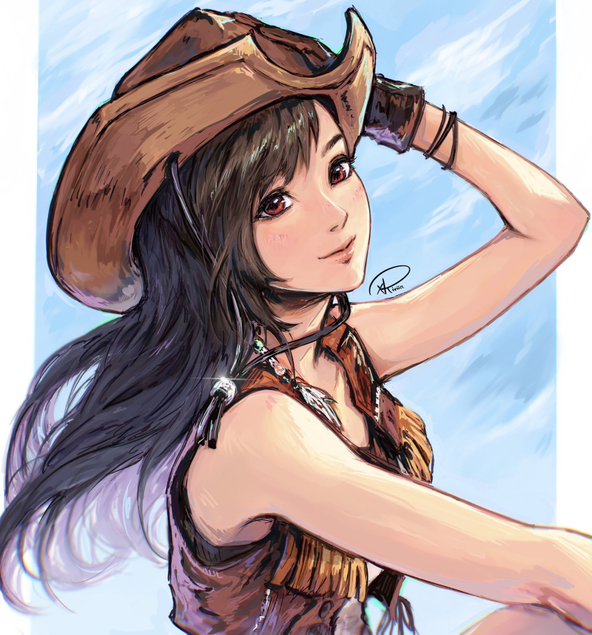 1girl bare_shoulders black_gloves black_hair brown_headwear brown_vest closed_mouth commentary cowboy_hat cowgirl_(western) english_commentary final_fantasy final_fantasy_vii final_fantasy_vii_rebirth floating_hair gloves hat highres lips long_hair pink_lips red_eyes signature smile solo swept_bangs tifa_lockhart vest xriviia