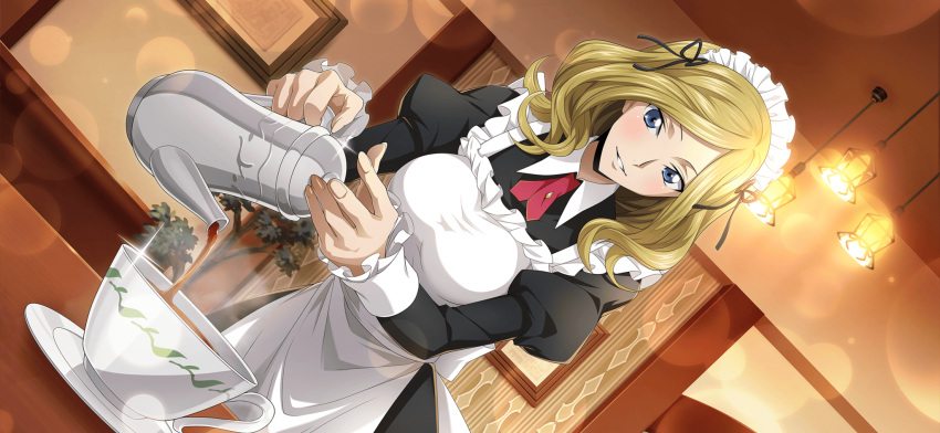 1girl apron artist_request black_dress blonde_hair blue_eyes blurry blush bokeh breasts code_geass code_geass:_lost_stories collared_dress cup depth_of_field dress dutch_angle frilled_apron frills game_cg glint hands_up happy highres holding holding_teapot indoors juliet_sleeves long_sleeves looking_at_viewer maid maid_apron maid_headdress medium_breasts medium_hair milly_ashford neck_ribbon non-web_source official_art parted_bangs parted_lips picture_frame pouring puffy_sleeves red_ribbon ribbon sidelocks smile solo standing steam tea teacup teapot teeth upper_body white_apron