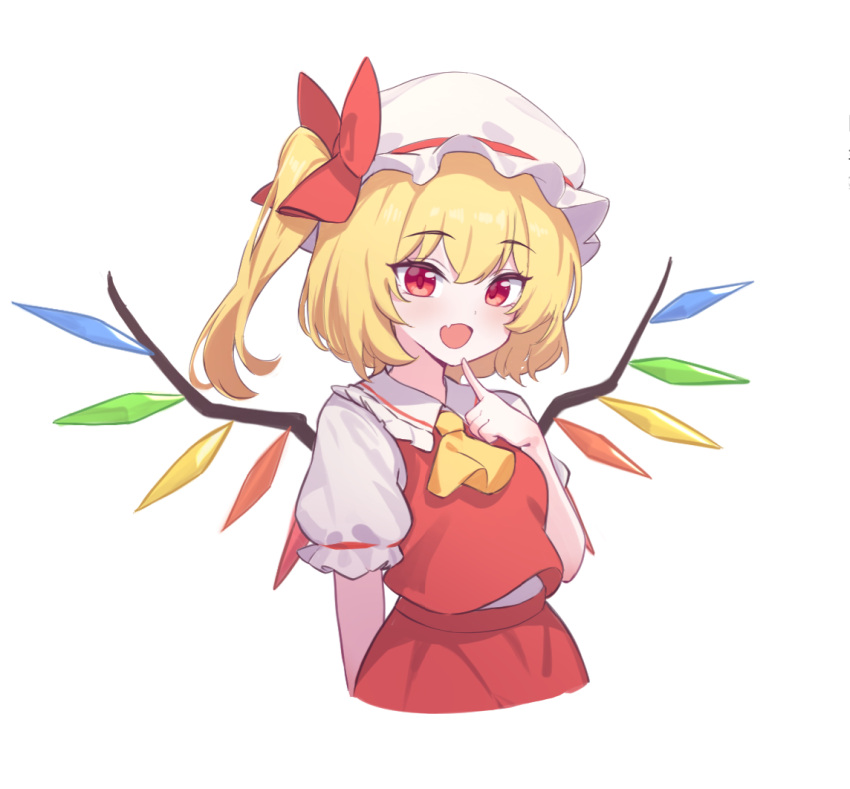 1girl ascot blonde_hair bsm_(nerdmin) collared_shirt crystal fang flandre_scarlet hair_between_eyes long_hair looking_at_viewer one_side_up open_mouth red_eyes red_skirt red_vest shirt simple_background skin_fang skirt smile solo touhou vest white_background white_shirt wings yellow_ascot