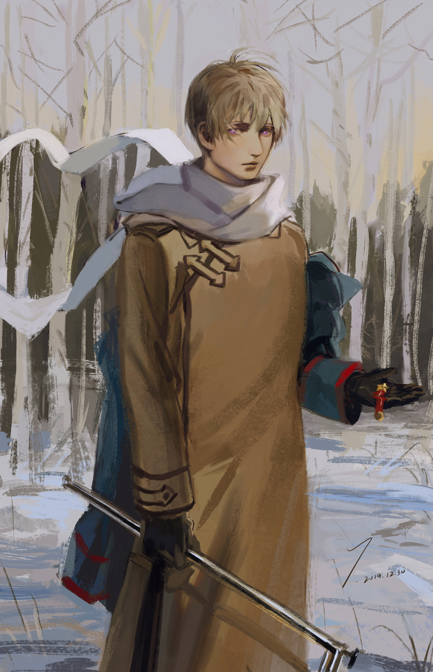 1boy 2019 arm_at_side arrow_(symbol) axis_powers_hetalia badge bare_tree black_gloves blonde_hair blue_jacket brown_coat closed_mouth coat daligaoxin163 dated expressionless finland_(hetalia) forest gloves highres holding holding_badge jacket long_sleeves looking_at_viewer male_focus nature outdoors painterly scarf short_hair signature solo standing tree unworn_jacket violet_eyes white_scarf