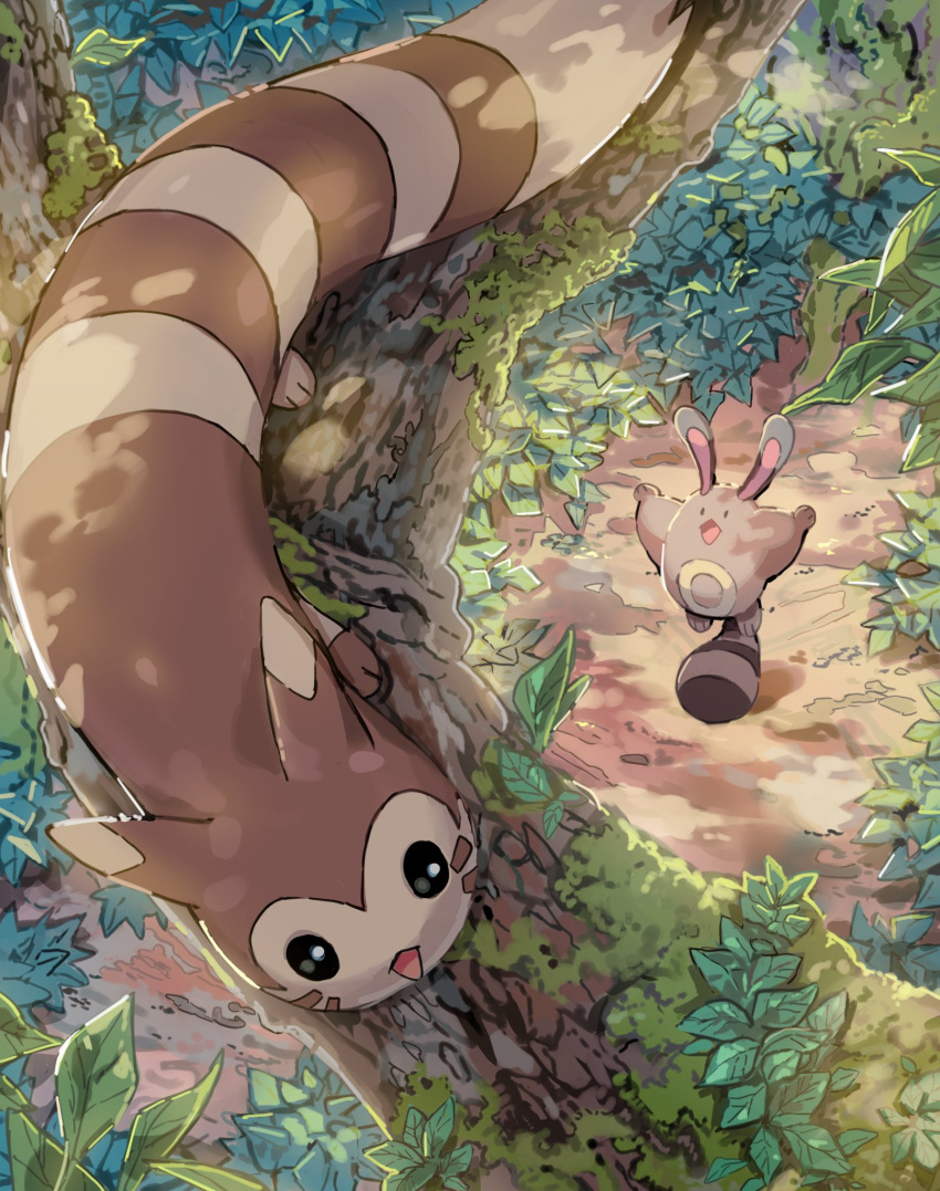 aisutabetao animal_focus black_eyes brown_fur commentary_request evolutionary_line furret highres leaf no_humans open_mouth pokemon pokemon_(creature) sentret sitting_on_branch solid_oval_eyes tail tree two-tone_fur