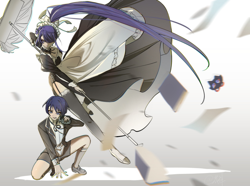 1girl blue_eyes blue_hair blunt_bangs bomb broom explosive genshin_impact grey_background hair_between_eyes hair_flowing_over hair_over_one_eye highres holding holding_broom holding_weapon long_hair long_sleeves maid maid_headdress mother_and_son nihaowojiaoshanghetu on_one_knee ponytail purple_hair raiden_shogun scaramouche_(genshin_impact) shorts simple_background suit thighs violet_eyes wanderer_(genshin_impact) weapon