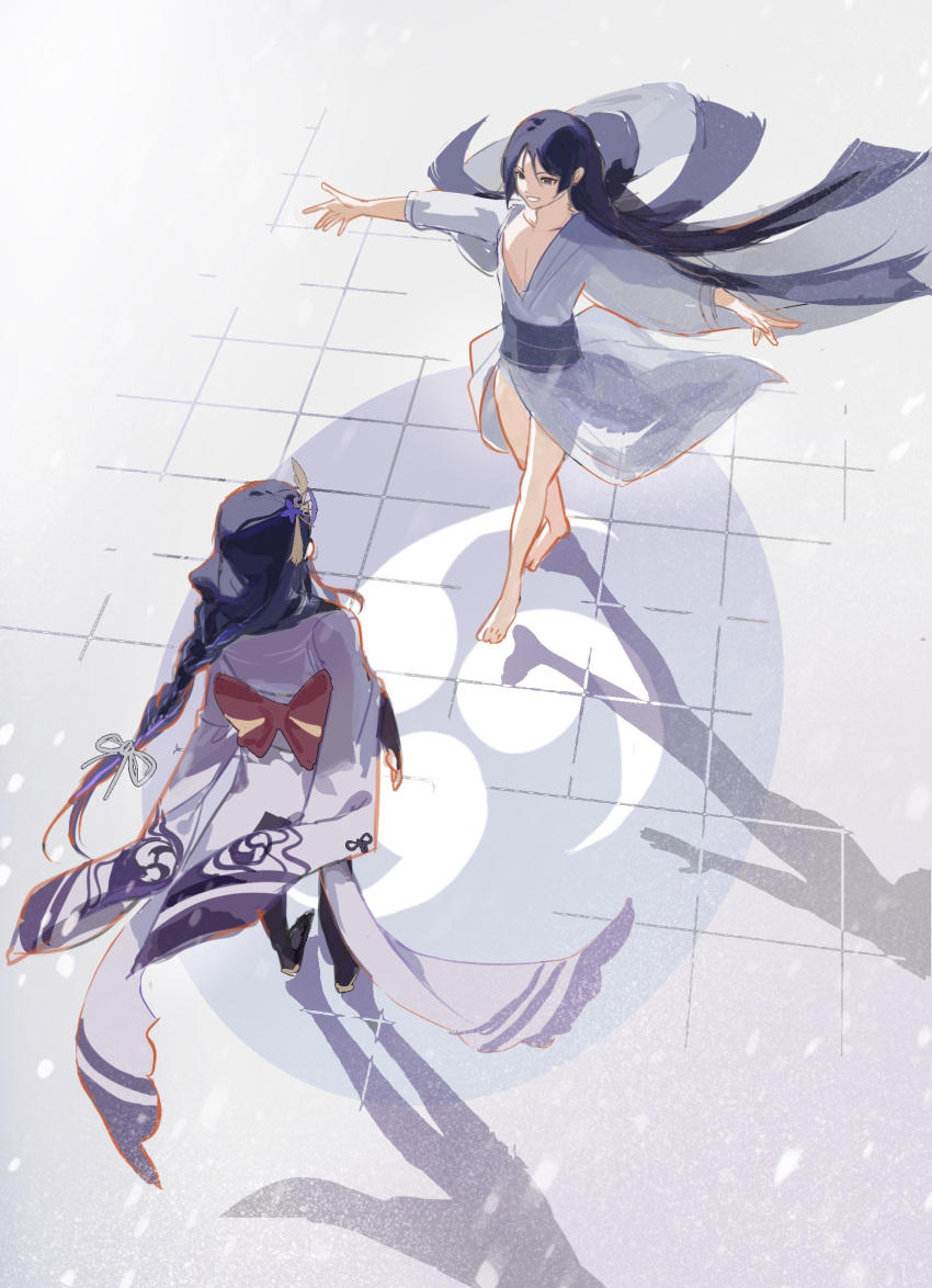 1boy 1girl arms_up back barefoot blue_eyes blue_hair braid from_above genshin_impact hair_between_eyes hair_flowing_over hair_ornament hair_ribbon highres japanese_clothes long_hair looking_at_another mitsudomoe_(shape) mother_and_son purple_background purple_hair raiden_shogun ribbon scaramouche_(genshin_impact) scaramouche_(kabukimono)_(genshin_impact) shadow single_braid standing tomoe_(symbol) vidoakdame walking