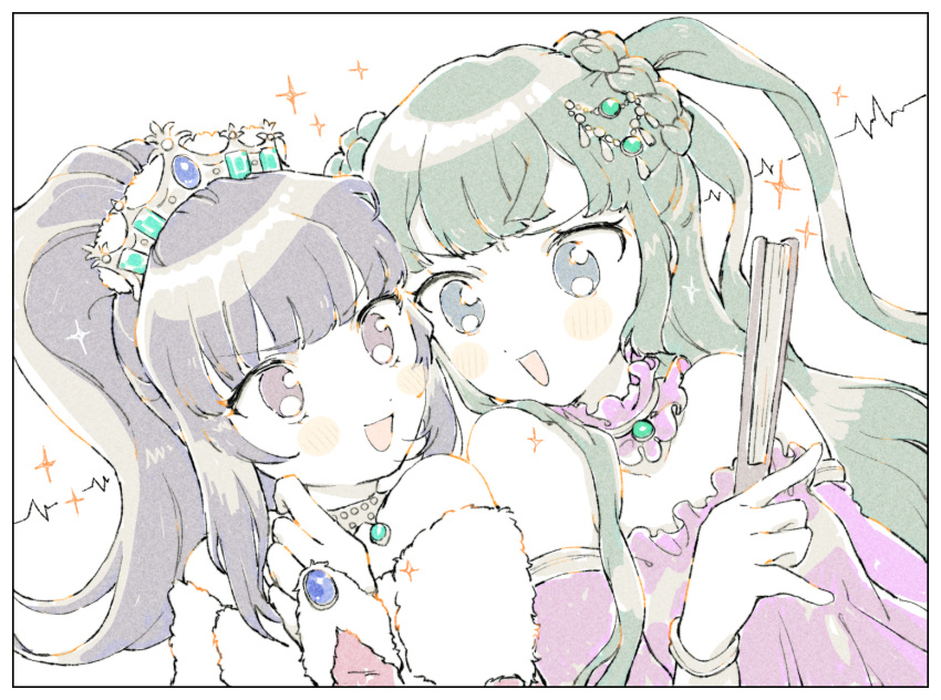2girls :d bare_shoulders blue_eyes blunt_bangs braid commentary_request crown face-to-face folded_fan folding_fan green_hair hanazono_shuka hand_fan hand_up holding holding_fan idol_time_pripara long_hair multiple_girls nanafushi_sodatsu open_mouth pale_color ponytail pretty_series pripara purple_hair simple_background smile tsukikawa_chili two_side_up violet_eyes white_background
