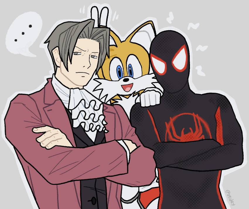 ... 3boys ace_attorney blue_eyes bug crossed_arms crossover furry furry_male gloves lawyer looking_at_viewer marvel miles_edgeworth miles_morales multiple_boys multiple_crossover name_connection simple_background sonic_(series) spider spider-man:_across_the_spider-verse spider-man:_into_the_spider-verse spider-man:_miles_morales spider-man_(miles_morales) spider-man_(series) spider-man_2_(2023_game) spider-verse sqidey suit superhero tails_(sonic) ultimate_spider-man v