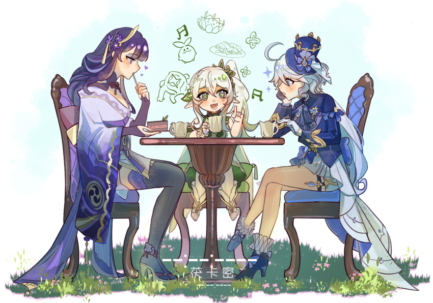 3girls absurdres ahoge blue_eyes blue_hair blue_sky braid cake cake_slice chair crossed_legs cup eating food fox_shadow_puppet from_side furina_(genshin_impact) genshin_impact gloves grass green_eyes hair_between_eyes hair_ornament hand_on_own_cheek hand_on_own_face hand_up hat heart high_heels highres holding holding_cup holding_food japanese_clothes light_blue_hair long_hair looking_at_another mole mole_under_eye multicolored_hair multiple_girls musical_note nahida_(genshin_impact) nihaowojiaoshanghetu open_mouth outdoors pointy_ears purple_hair raiden_shogun side_ponytail single_braid sitting sky spoken_heart spoken_musical_note spoon table teacup thighs toes violet_eyes