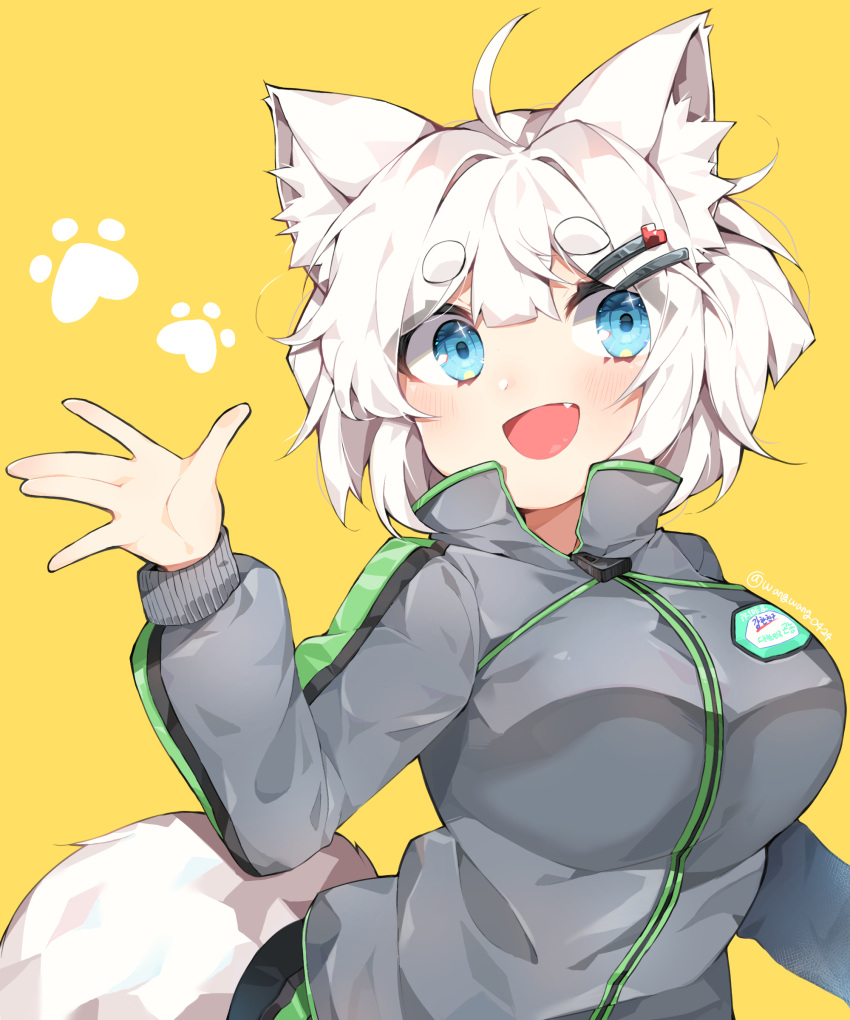absurdres animal_ears black_choker blue_eyes choker commentary_request dog_ears dog_tail highres korean_text looking_at_viewer medium_hair military_uniform multiple_hairpins original simple_background tail uniform wang0424 white_hair yellow_background