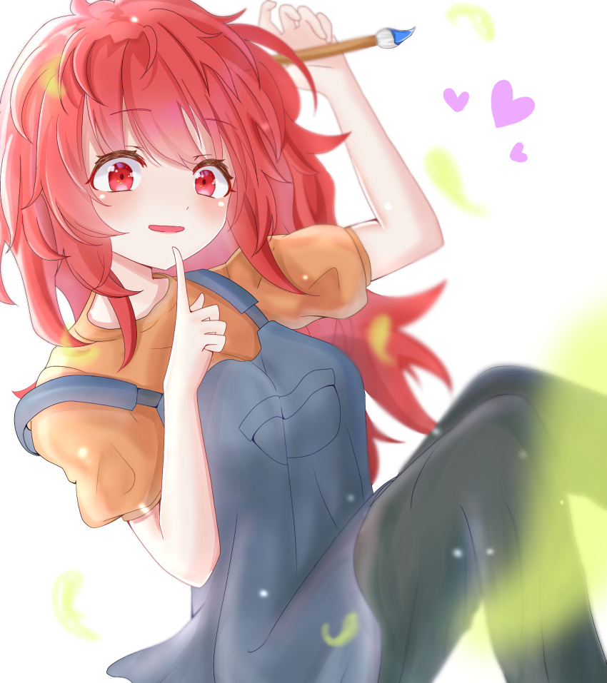 1girl blush egokoro_nao heart highres index_finger_raised kimi_ga_shine kinako_mochi100 knees_up long_hair looking_at_viewer open_mouth overalls paintbrush red_eyes redhead short_sleeves smile solo