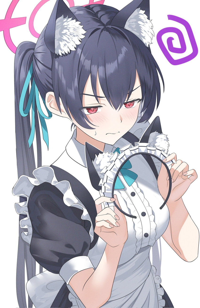 1girl @_(symbol) alternate_costume animal_ears apron black_hair blue_archive blue_bow blue_bowtie blue_ribbon blush bow bowtie breasts cat_ears cat_girl center_frills closed_mouth collared_shirt cowboy_shot enmaided fake_animal_ears frilled_shirt frills frown hair_between_eyes hair_ribbon halo highres holding_hairband long_hair looking_at_viewer maid maid_headdress medium_breasts ponytail red_eyes ribbon serika_(blue_archive) shirt short_sleeves sidelocks simple_background solo sweatdrop sysen v-shaped_eyebrows waist_apron wavy_mouth white_apron white_background white_shirt