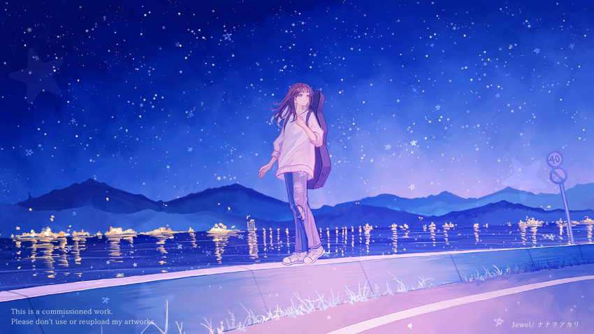 1girl arm_at_side artist_name black_pants brown_eyes brown_hair city_lights denim full_body highres instrument_case instrument_on_back ivelovedsekaowa jeans lake levee long_hair long_sleeves looking_to_the_side mountainous_horizon nature night night_sky original outdoors pants reflection reflective_water road road_sign scenery shirt sign sky solo standing star_(sky) starry_sky torn_clothes torn_pants water watermark white_shirt wide_shot wispy_bangs