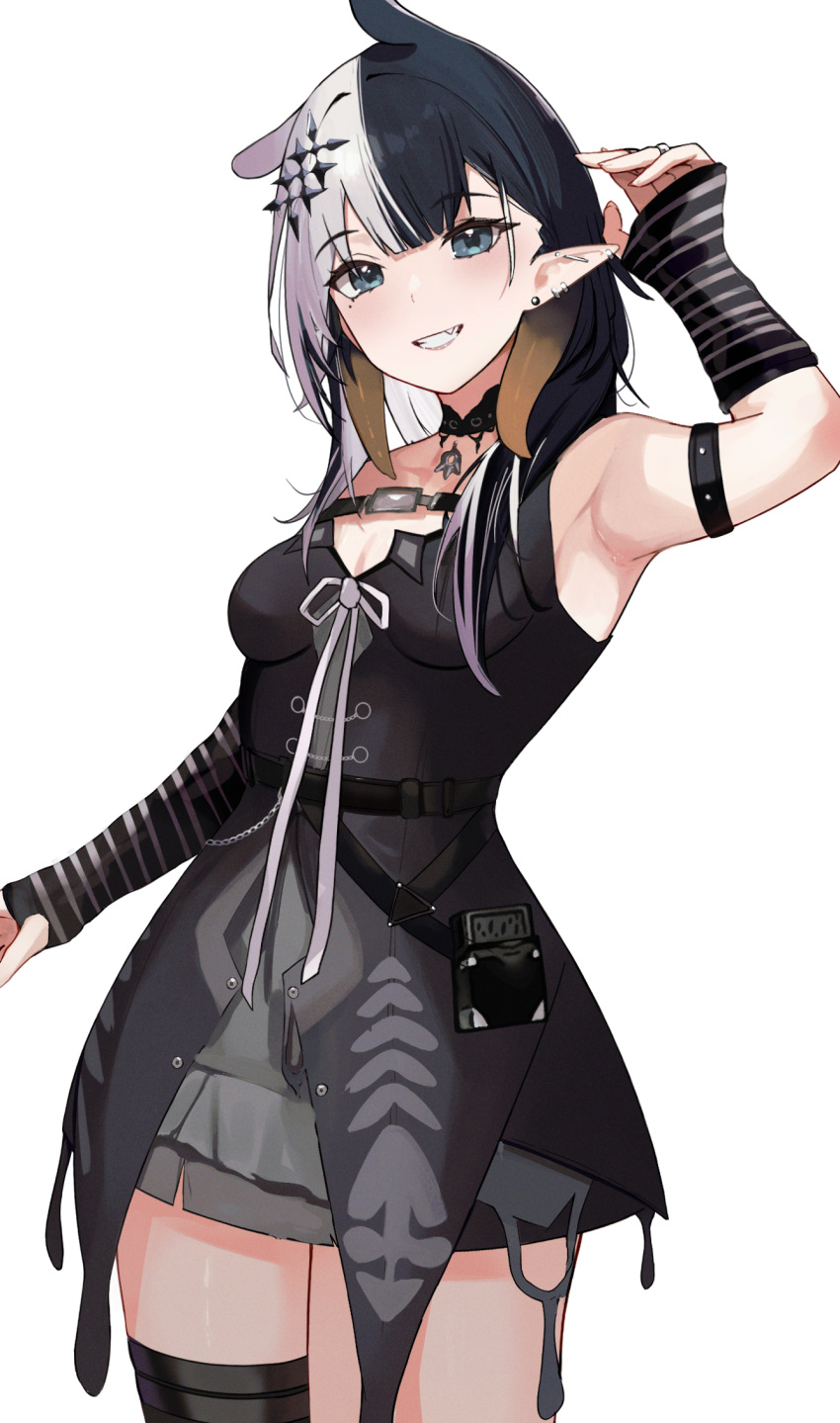 1girl alternate_hair_color armpits bicep_strap black_choker black_dress black_hair chest_strap choker cosplay dress ear_piercing english_commentary fang grey_hair hair_between_eyes hair_ornament hand_up highres hololive hololive_english jewelry ku_roiko layered_dress looking_at_viewer medium_hair mole mole_under_eye multicolored_hair multiple_piercings ninomae_ina'nis piercing pointy_ears ribbon ring shiori_novella shiori_novella_(1st_costume) simple_background sleeveless sleeveless_dress solo split-color_hair striped_arm_warmers teeth tentacle_hair thigh_strap two-tone_hair virtual_youtuber white_background white_ribbon