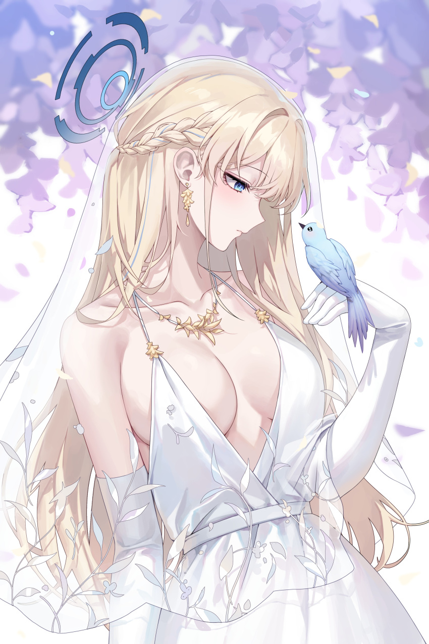 1girl absurdres bird blonde_hair blue_archive blue_eyes blue_halo braid breasts dress earrings elbow_gloves gloves halo highres jewelry long_hair looking_to_the_side medium_breasts no_bra non-web_source sleeveless sleeveless_dress solo toki_(blue_archive) veil white_dress