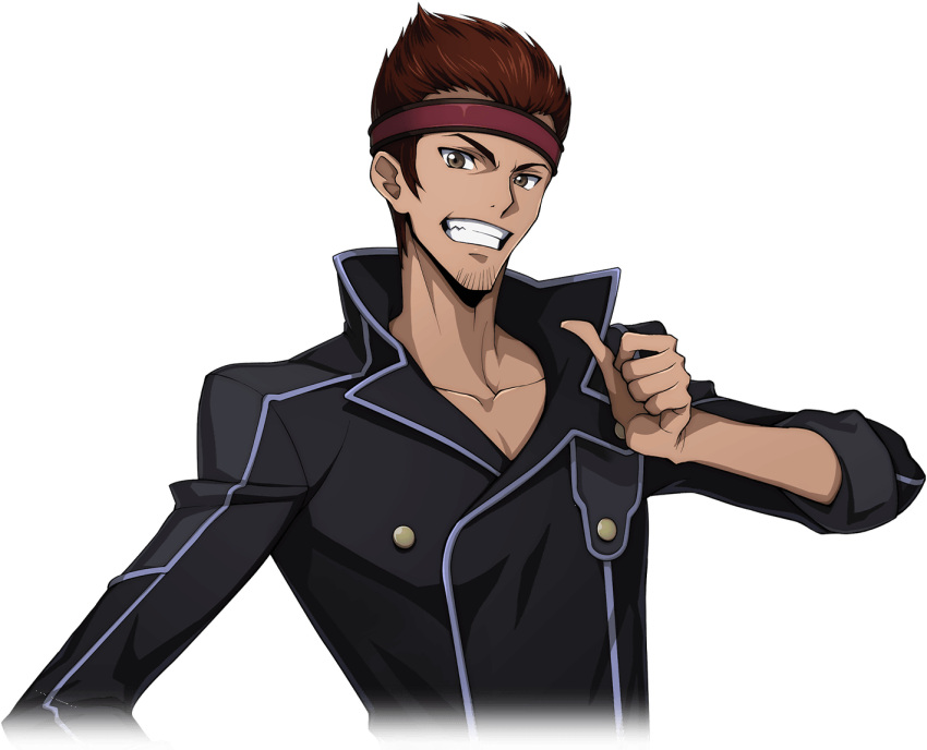 1boy artist_request black_jacket brown_eyes brown_hair buttons code_geass code_geass:_lost_stories collarbone cropped_torso facial_hair game_cg goatee_stubble grin hand_on_own_hip hand_up happy headband jacket looking_at_viewer male_focus non-web_source official_art pectoral_cleavage pectorals pointing pointing_at_self red_headband short_hair sidelocks simple_background smile solo spiky_hair standing stubble tamaki_shin'ichirou teeth thumbs_up transparent_background upper_body v-shaped_eyebrows