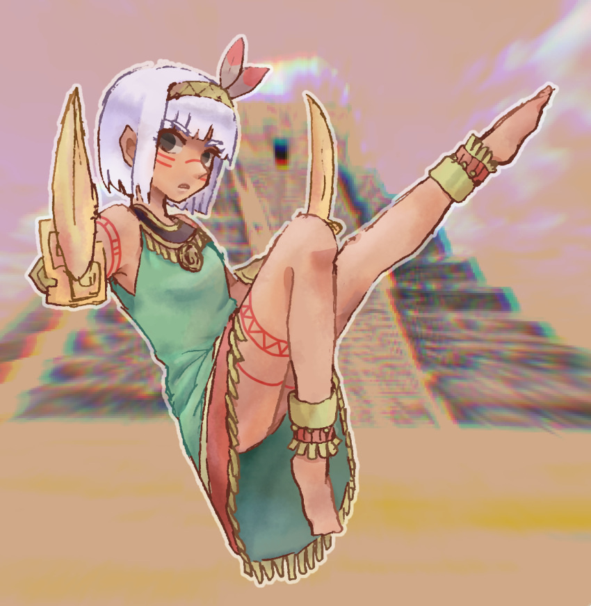 1girl aiming aiming_at_viewer anklet asatsuki_(cookie) aztec_architecture barefoot blunt_bangs blurry blurry_background bob_cut bodypaint brown_eyes commentary_request cookie_(touhou) dress facepaint feather_hair_ornament feathers flat_chest full_body green_dress hair_ornament hairband highres holding holding_sword holding_weapon jewelry konpaku_youmu looking_at_viewer medium_bangs open_mouth pyramid_(structure) short_hair sleeveless sleeveless_dress solo sword tan tohokune touhou weapon white_hair yellow_hairband