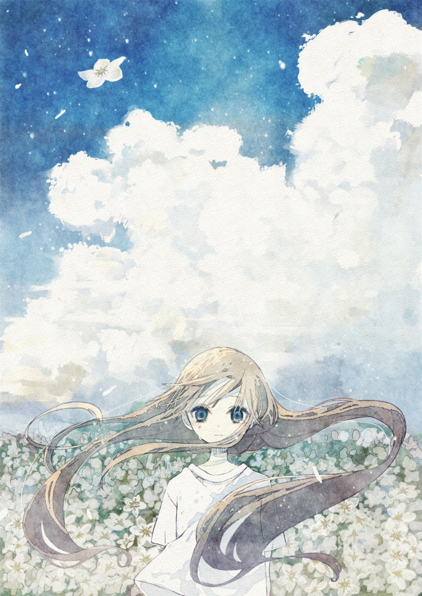 1girl blonde_hair blue_eyes closed_mouth clouds commentary_request day dot_nose field floating_hair flower flower_field highres long_hair looking_at_viewer original oseto_(oxxsexxto) outdoors shirt short_sleeves sky solo straight-on t-shirt tears very_long_hair white_flower white_shirt wind