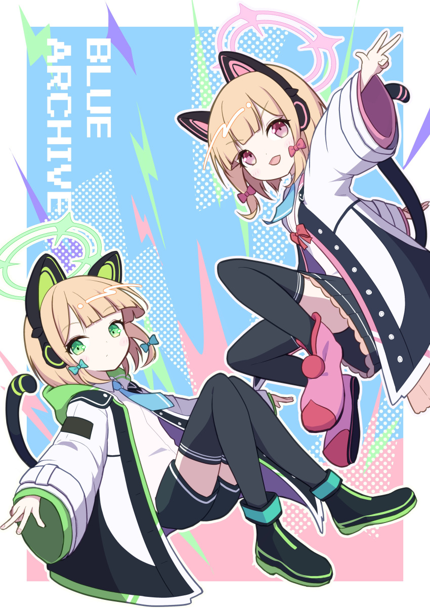 2girls :d absurdres animal_ear_headphones animal_ears black_shorts black_skirt black_thighhighs blonde_hair blue_archive blue_background blue_necktie border cat_ear_headphones closed_mouth collared_shirt copyright_name expressionless fake_animal_ears from_side green_eyes halftone headphones highres jacket konomeric long_bangs long_sleeves looking_at_viewer medium_hair midori_(blue_archive) miniskirt momoi_(blue_archive) multiple_girls necktie open_clothes open_jacket open_mouth outstretched_arm pink_background pink_eyes pleated_skirt shirt shorts siblings sidelocks simple_background sisters skirt sleeves_past_wrists smile thigh-highs two-tone_background v-shaped_eyebrows w white_border white_jacket white_shirt zettai_ryouiki
