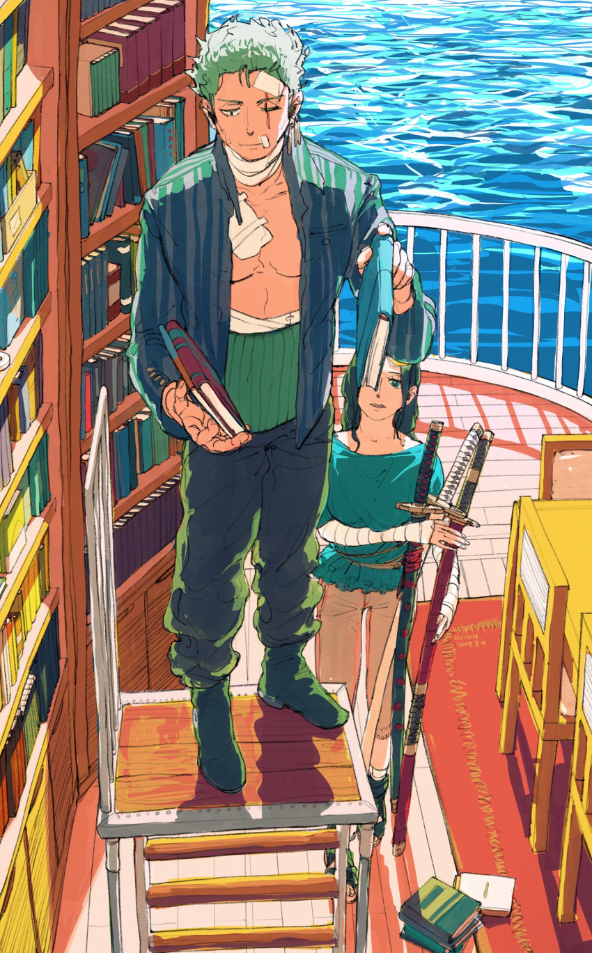 1boy 1girl absurdres bandaid blue_shirt book bookshelf boots chair commentary earrings haramaki highres holding holding_book holding_sword holding_weapon jewelry long_hair molymes nico_robin ocean one_eye_closed one_piece open_clothes open_shirt pants roronoa_zoro scar scar_across_eye shirt short_hair sword table weapon