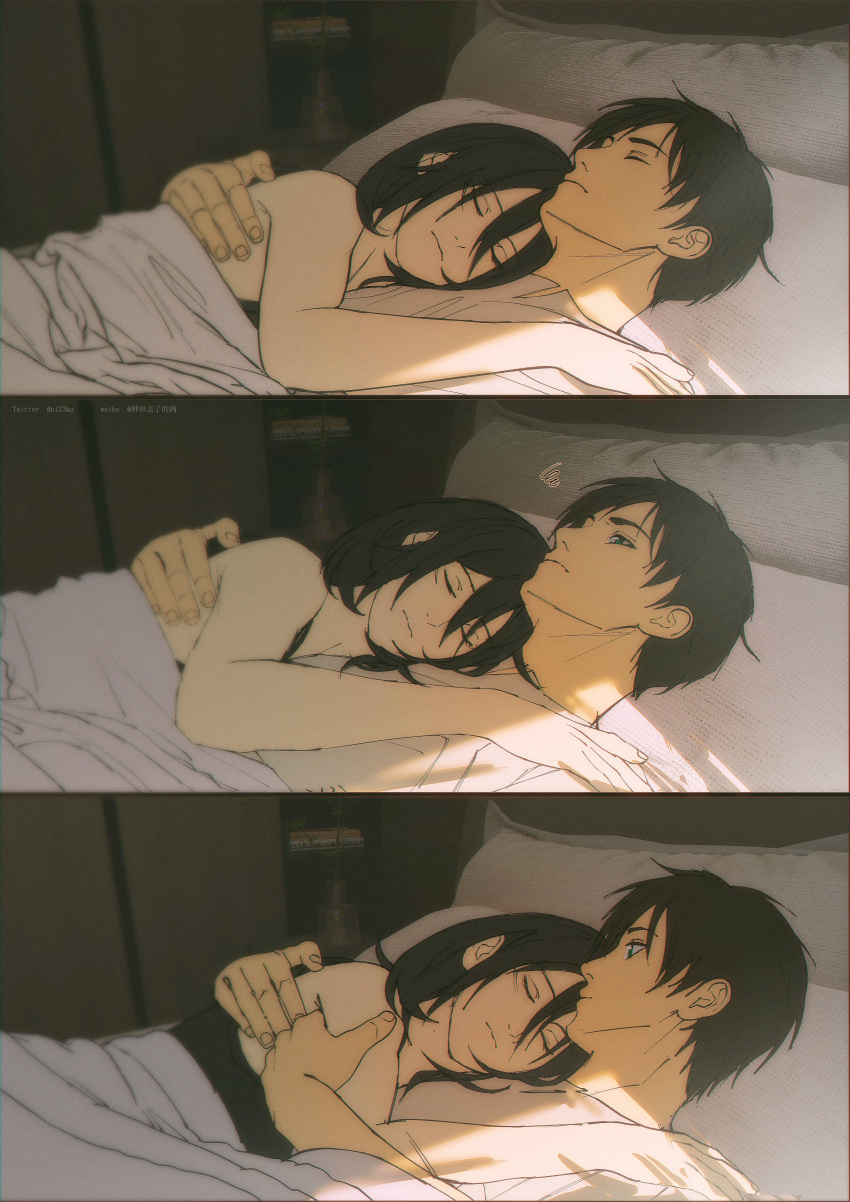 1boy 1girl absurdres bare_shoulders black_hair blue_eyes closed_eyes closed_mouth commentary couple cuddling eren_yeager hair_between_eyes highres indoors looking_at_another lying mikasa_ackerman niku_(ni23ku) on_back on_bed on_side pillow scar scar_on_cheek scar_on_face shingeki_no_kyojin shirt short_hair sleeping squiggle sunlight symbol-only_commentary under_covers upper_body white_shirt